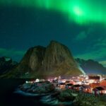 landscape, nature, norway, lofoten, fjord, scandinavia, northern lights, night, aurora, bridge, lantern, lamp, light, hamnoy